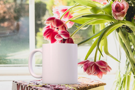 Feminine floral White Mug Mockup. Perfect for businesses selling mugs, just overlay your quote or design on to the image.