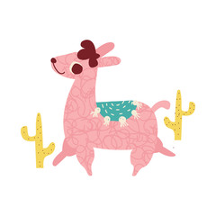Funny pink llama and cactus. Kids cute print. Vector hand drawn illustration.