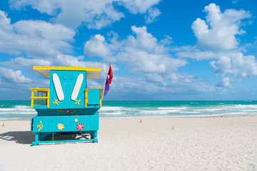 Miami beach colorful lifeguard towers. Quirky iconic structures. Lifeguard towers South Beach...
