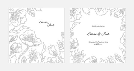 Wedding invitation or greeting card with floral pattern. Double sided card template