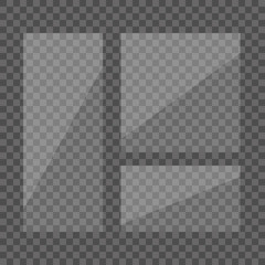 Set of transparent shiny glass plates. Clear glass showcase on a transparent background. Realistic window, phone protective film, lens circle, makeup mirror, picture frame. Mirror reflection. Windows.