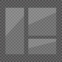 Set of transparent shiny glass plates. Clear glass showcase on a transparent background. Realistic window, phone protective film, lens circle, makeup mirror, picture frame. Mirror reflection. Windows.