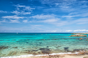 Azure water Great Stirrup Cay Bahamas. Enjoy rest Bahamas. Turquoise ocean waves at coast of Bahamas. Resort cruise recreation best vacation ever. Paradise on Earth. View skyline from Bahamas beach