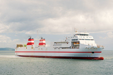 Around the world. Cruise ship at seaside. Ocean liner in sea. Water transport and vessel. Travel by...