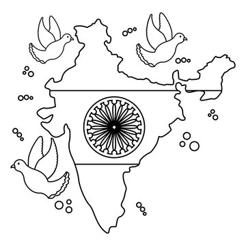 indian flag map and ashoka chakra with doves flying