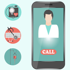 Smartphone, avatar paramedic - icons - suitcase first aid, dropper, tonometer, cardiogram, stethoscope - vector. Home health care.