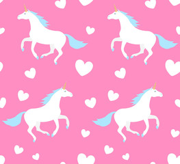 Vector seamless pattern of white flat cartoon unicorn isolated on pastel pink background