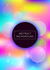 Liquid shapes background with dynamic fluid. Holographic bauhaus gradient with memphis elements. Graphic template for brochure, banner, wallpaper, mobile screen. Multicolor liquid shapes background.
