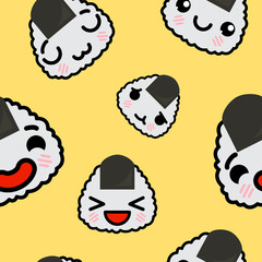 Seamless pattern with cute kawaii emoji onigiri vector cartoon illustration