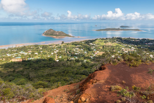 aerial view of New Caledonia coastline with Ilot Charbon and Ile Bailly islands from Mont-Dore mountain