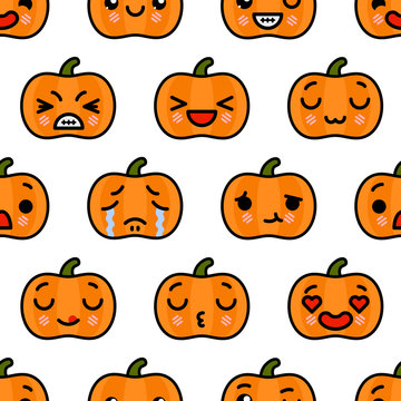 Seamless pattern with cute kawaii emoji Halloween Pumpkin vector cartoon illustration