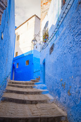 Beautiful street of blue medina in city Chefchaouen,  Morocco, Africa.