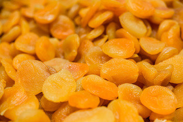 Close up of dried apricot fruit on display
