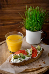  Vegetarian bruschetta. Rustic breakfast in green grass