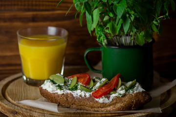  Bruschetta with soft cheese and basil breakfast appetizer
