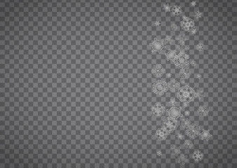 Isolated snowflakes on transparent grey background. Silver glitter snow. Horizontal Christmas and New Year design for party invitation, banner, sale. Winter window. Magic crystal isolated snowflakes