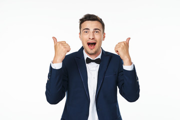 business man with hands up