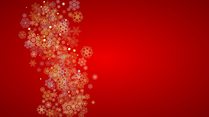 Christmas snow on red background. Glitter frame for winter banners, gift coupon, voucher, ads, party event. Santa Claus colors with golden Christmas snow. Horizontal falling snowflakes for holiday