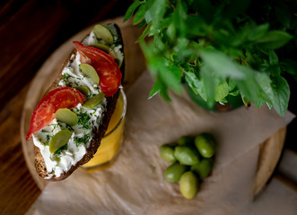  Bruschetta with soft cheese and basil breakfast appetizer