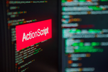 Programming language, ActionScript inscription on the background of computer code.