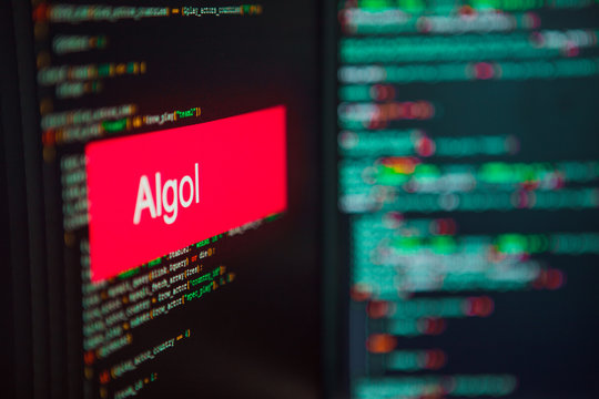 Programming language, Algol inscription on the background of computer code.