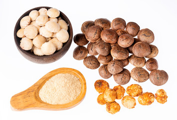 Seeds and powder of Sacha Inchi - Plukenetia volubilis. Text space