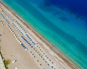 Aerial birds eye view drone photo of Elli beach on Rhodes city island, Dodecanese, Greece. Panorama...