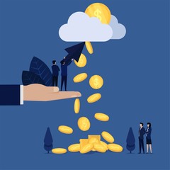 Businessman hold click and pointing cloud coins fall metaphor of pay per click.