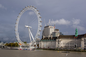 Landscape view of River Thames nad London eye. Daylight, London, autumn in England.