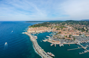 Panorama of Saint Tropez, Cote d'Azur, France, South Europe. Nice city and luxury resort of French riviera. Famous tourist destination with nice beach on Mediterranean sea
