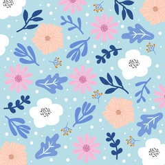 Summer floral seamless pattern, flat design for use as background, wrapping paper or wallpaper