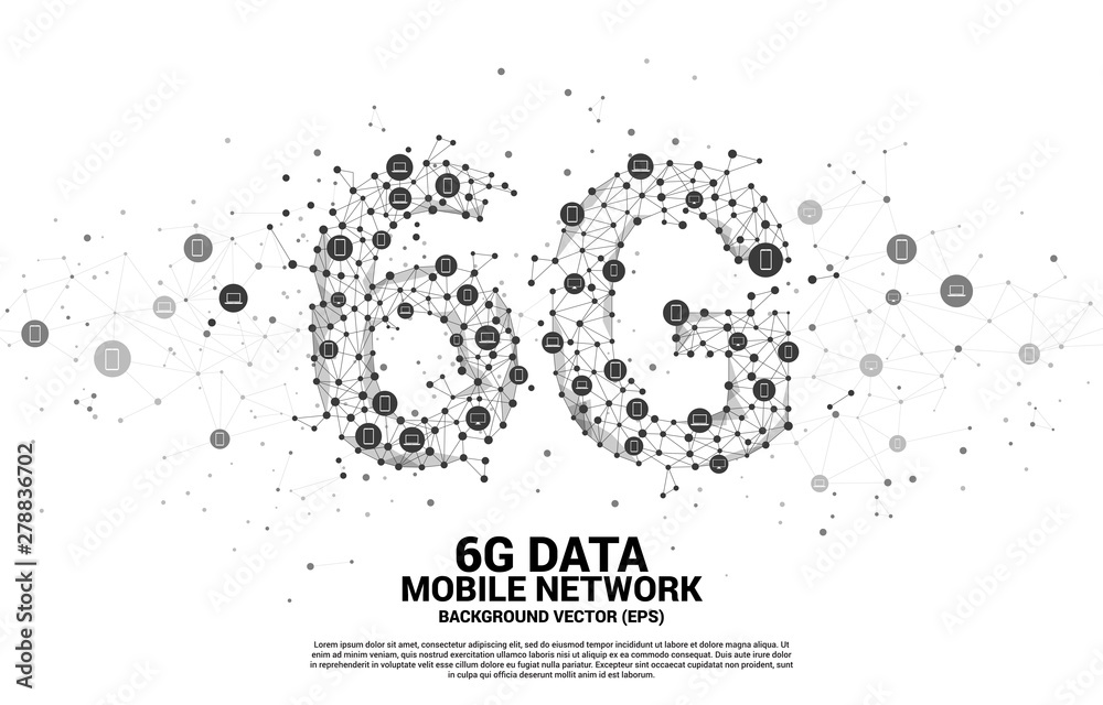 Poster Vector Polygon dot connect line shaped 6G mobile network with device icon. Concept for mobile phone data technology.