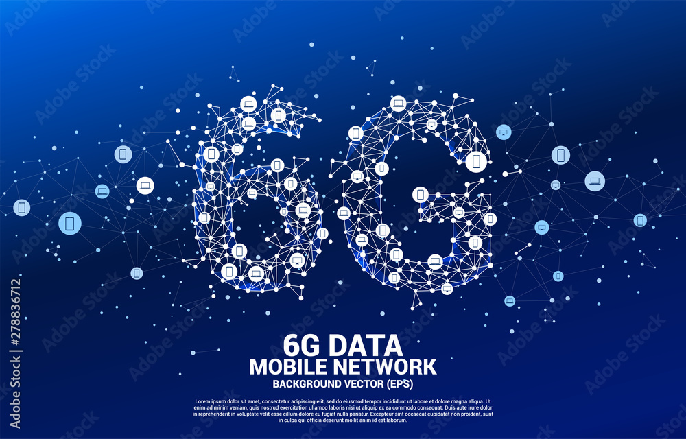 Poster Vector Polygon dot connect line shaped 6G mobile network with device icon. Concept for mobile phone data technology.