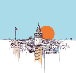 Obraz premium Drawing sketch illustration of the Galata Tower, Istanbul