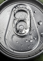 top of easy open end tin can with water drops close-up 