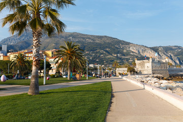 Landscape panoramic view of Menton, Cote d'Azur, France, South Europe. Beautiful city and luxury resort of French riviera. Famous tourist destination with nice beach on Mediterranean sea