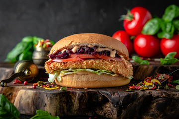 Tasty grilled burger with chicken, turkey, or breaded fish fillets.  Delicious grilled hamburger on...