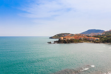 Panorama of Collioure harbour, Languedoc-Roussillon, France, South Europe. Ancient town with old castle on Vermillion coast of French riviera. Famous tourist destination on Mediterranean sea