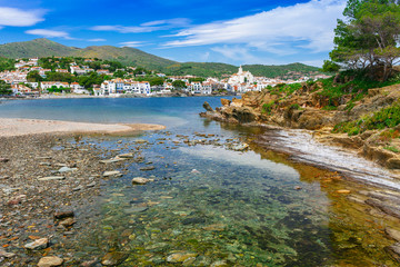 Sea landscape with Cadaques, Catalonia, Spain near of Barcelona. Scenic old town with nice beach...