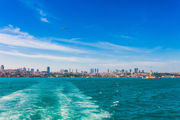 Fototapeta na wymiar Panoramic view of Istanbul. Panorama cityscape of famous tourist destination Bosphorus strait channel. Travel landscape Bosporus, Turkey, Europe and Asia.