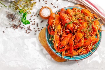 Boiled crayfish with spices. Boiled crayfish on a plate, on a concrete background. Natural product.