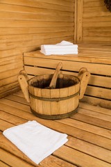 Bucket and Towels in Sauna