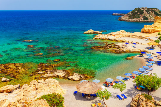 Sea skyview landscape photo of picturesque beach near Stegna and Archangelos on Rhodes island, Dodecanese, Greece. Panorama with sand and clear blue water. Famous tourist destination in South Europe
