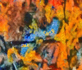 Naklejka premium Close up oil paint abstract background. Art textured brushstrokes in macro. Part of painting. Old style artwork. Dirty watercolor texture. Modern pattern. Chaotic splashes. Multi-colors design.