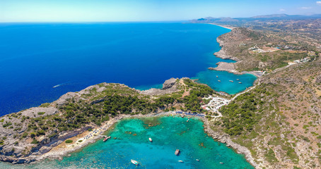 Aerial birds eye view drone photo Anthony Quinn and Ladiko bay on Rhodes island, Dodecanese,...