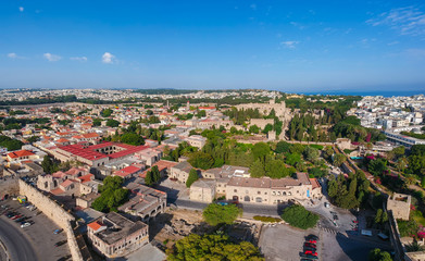 Aerial birds eye view drone photo Rhodes city island, Dodecanese, Greece. Panorama with ancient old fortress and Palace of the Grand Master of the Knights. Famous tourist destination in South Europe