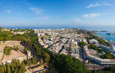 Aerial birds eye view drone photo Rhodes city island, Dodecanese, Greece. Panorama with ancient old fortress and Palace of the Grand Master of the Knights. Famous tourist destination in South Europe