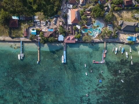 Aerial view of piers, Nusa Penida island, Bali, Indonesia