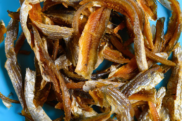 top view dry salty fishes close up
