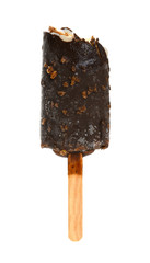 chocolate outer popsicle with couple of bites on white background